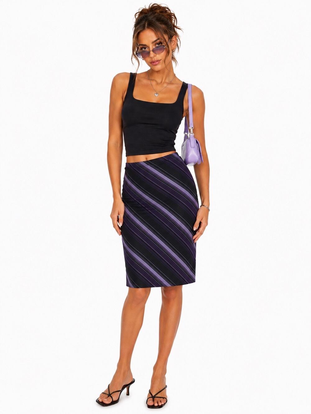 Vintage ‘00s Express Black & Purple Diagonal Stripe Pencil Knee Length Skirt